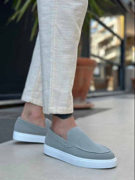 Pabucmarketi Bağcıksız Erkek Casual Ayakkabı GRİ SÜET (BEYAZ TABAN) - Resim 4