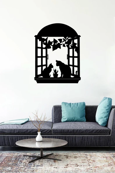İndispensableyl Penceredeki Kedi Aşkı Duvar Dekor Sticker 45 X 60 Cm - Resim 2