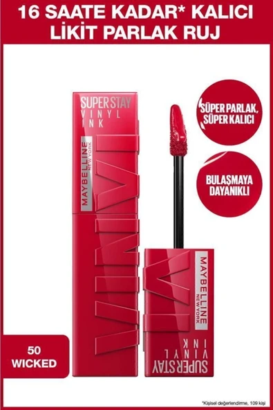 MAYBELLİNE NEW YORK Super Stay Vinyl Ink Uzun Süre Kalıcı Likit Parlak Ruj 50 Wicked