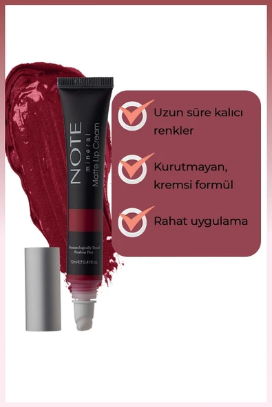 NOTE Mineral Matte Lip Cream Yarı Mat Bitişli Likit Ruj 06 Go Red - Kırmızı - 3