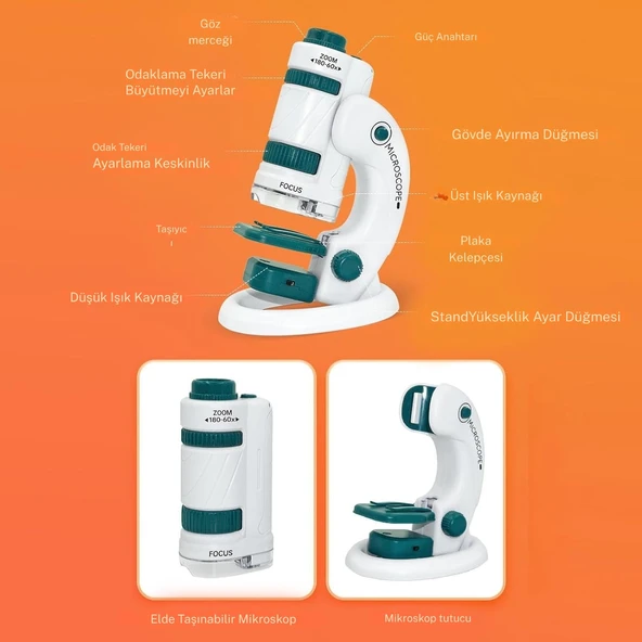 Monozone Çocuk Bilim Deney Cep Mikroskop seti 60-180x Eğitici Mini El Mikroskop Işıklı Mobil Uyumlu - Resim 8