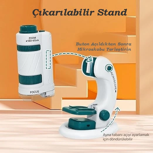 Monozone Çocuk Bilim Deney Cep Mikroskop seti 60-180x Eğitici Mini El Mikroskop Işıklı Mobil Uyumlu - Resim 3