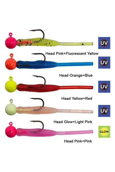 Kendo Hook Worm Jighead+Lrf Silikonu 1.5gr+4.5cm 5 Adet-Head Glow+Light Pink - Resim 2