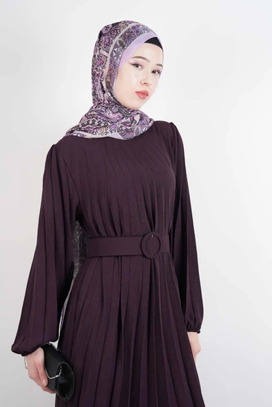 Ayrobin Elbise Kalın Kemerli Piliseli Elbise Mor - 3