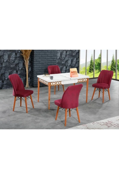 florit mobilya masamıza buyurun Antik Mermer Açılır Karegold Yemek Ve Mutfak Masası Takımı 4 Sandalyeli - Bordo ürün görseli