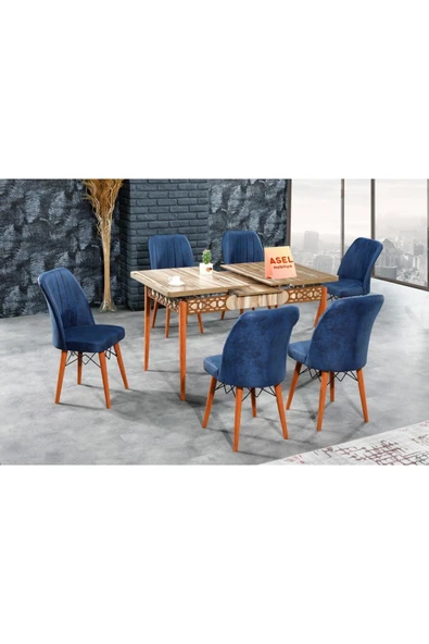 florit mobilya masamıza buyurun Floria Açılır Karegold Yemek Ve Mutfak Masası Takımı 6 Sandalyeli - Lacivert - Resim 3