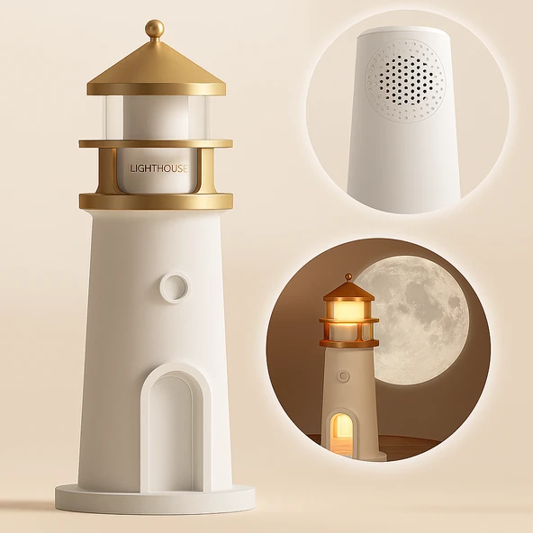 Sevimli Ay Projeksiyonlu Deniz Feneri Lambası Bluetooth Hoparlörlü 3 Kademeli Kısılabilir Kablosuz Masa Lambası