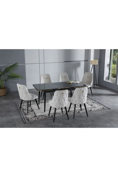 florit mobilya masamıza buyurun Miraç Serisi 80x130 Açılabilir,6 Kişilik Mutfak Masası Takımı, Yemek Masası Takımı, Masa Takımı-krem - Resim 2