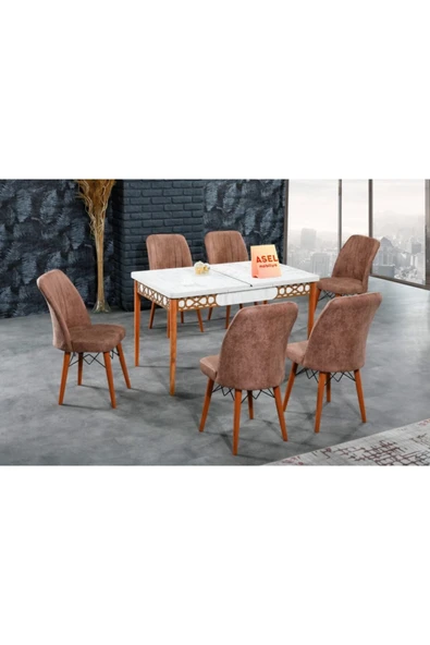 florit mobilya masamıza buyurun Antik Mermer Açılır Karegold Yemek Ve Mutfak Masası Takımı 6 Sandalyeli - Koyu Cappucino - Resim 2