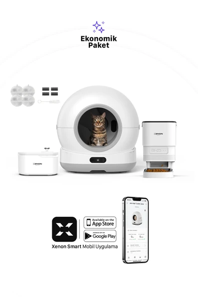 Xenon Smart Akıllı Otomatik Kameralı Kedi Tuvaleti Paslanmaz Çelik Kaseli Mama Kabı Led Işıklı Su Pınarı ve Filtre 4'lü Pet Seti - 3