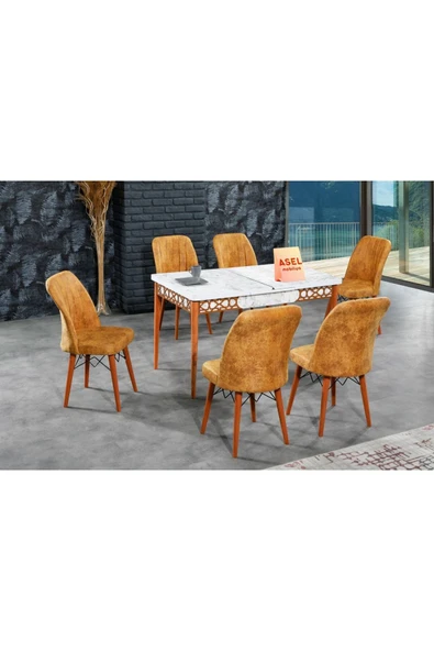 florit mobilya masamıza buyurun Beyaz Mermer Açılır Karegold Yemek Ve Mutfak Masası Takımı 6 Sandalyeli - Hardal - Resim 2
