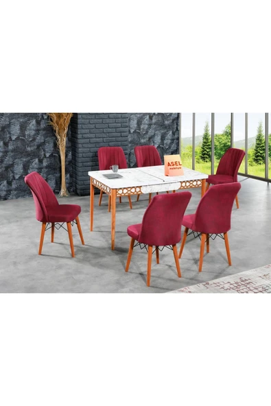 florit mobilya masamıza buyurun Beyaz Mermer Açılır Karegold Yemek Ve Mutfak Masası Takımı 6 Sandalyeli - Bordo - Resim 2