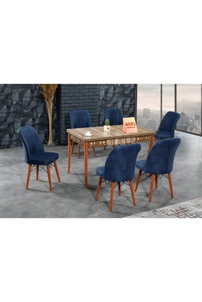 florit mobilya masamıza buyurun Floria Açılır Karegold Yemek Ve Mutfak Masası Takımı 6 Sandalyeli - Lacivert - Resim 2