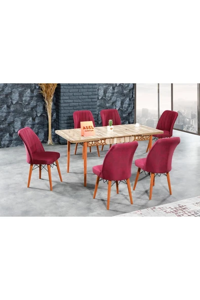 florit mobilya masamıza buyurun Floria Açılır Karegold Yemek Ve Mutfak Masası Takımı 6 Sandalyeli - Bordo ürün görseli