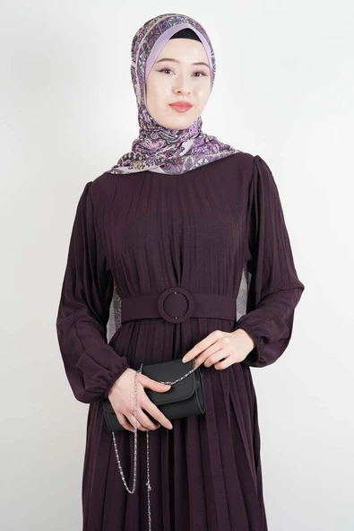 Ayrobin Elbise Kalın Kemerli Piliseli Elbise Mor - 4