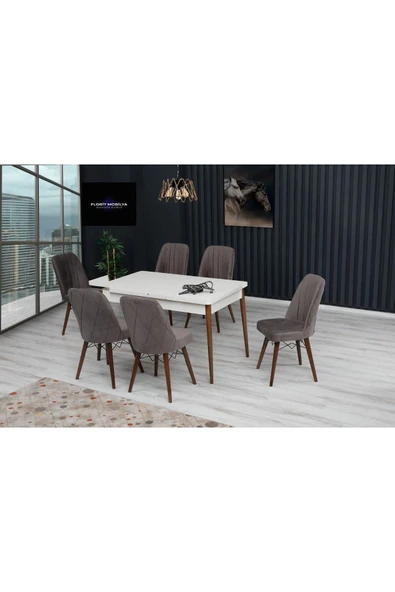 florit mobilya masamıza buyurun Açılabilir Aytaşı Ceviz Mutfak Masa Takımı 6 Sandalye Yemek Masa Takımı Baby Face Kumaş ürün görseli