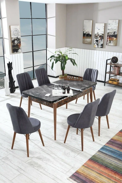 florit mobilya masamıza buyurun Hero Siyah Mermer Yemek Masası Mutfak Masası Açılır Masa Takımı 6 Sandanyeli - Antrasit - Resim 2