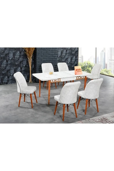 florit mobilya masamıza buyurun Antik Mermer Açılır Karegold Yemek ve Mutfak Masası Takımı 6 Sandalyeli Krem ürün görseli