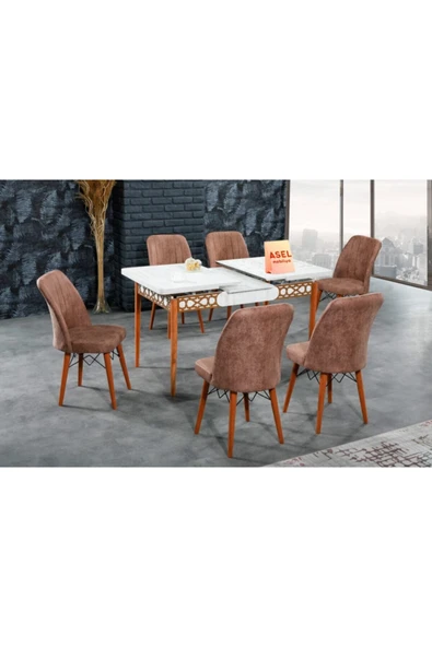 florit mobilya masamıza buyurun Antik Mermer Açılır Karegold Yemek Ve Mutfak Masası Takımı 6 Sandalyeli - Koyu Cappucino - Resim 3