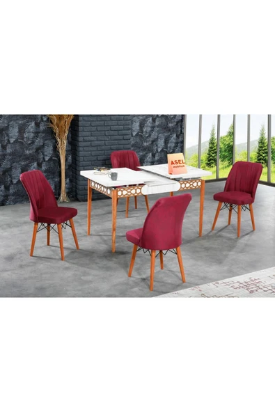 florit mobilya masamıza buyurun Antik Mermer Açılır Karegold Yemek Ve Mutfak Masası Takımı 4 Sandalyeli - Bordo - Resim 2