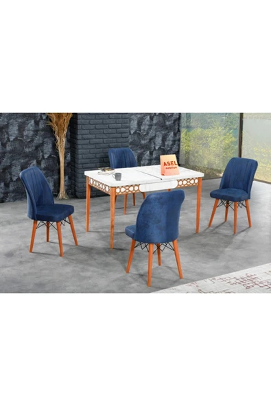 florit mobilya masamıza buyurun Antik Mermer Açılır Karegold Yemek Ve Mutfak Masası Takımı 4 Sandalyeli - Lacivert ürün görseli