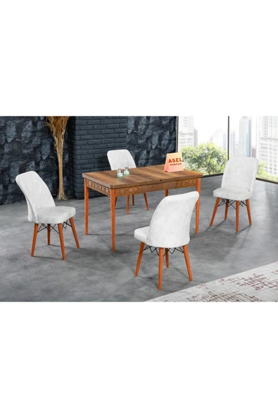 florit mobilya masamıza buyurun Barok Açılır Karegold Yemek Ve Mutfak Masası Takımı 4 Sandalyeli - Krem ürün görseli