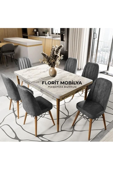 florit mobilya masamıza buyurun 6 Kişilik Açılır Masa Sandalye Takımı Mutfak Masası Takımı Salon Masası Yemek Masası Masa Takımı ürün görseli