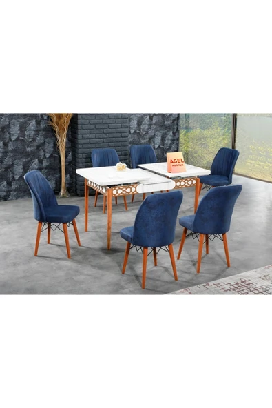 florit mobilya masamıza buyurun Antik Mermer Açılır Karegold Yemek Ve Mutfak Masası Takımı 6 Sandalyeli - Lacivert - Resim 3