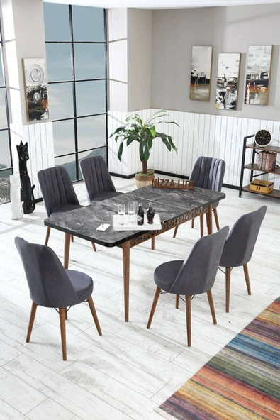 florit mobilya masamıza buyurun Hero Siyah Mermer Yemek Masası Mutfak Masası Açılır Masa Takımı 6 Sandanyeli - Antrasit ürün görseli