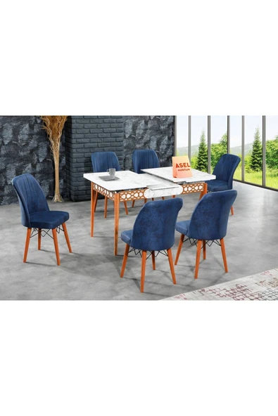 florit mobilya masamıza buyurun Beyaz Mermer Açılır Karegold Yemek Ve Mutfak Masası Takımı 6 Sandalyeli - Lacivert - Resim 3
