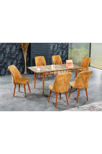 florit mobilya masamıza buyurun Floria Açılır Karegold Yemek Ve Mutfak Masası Takımı 6 Sandalyeli - Hardal ürün görseli