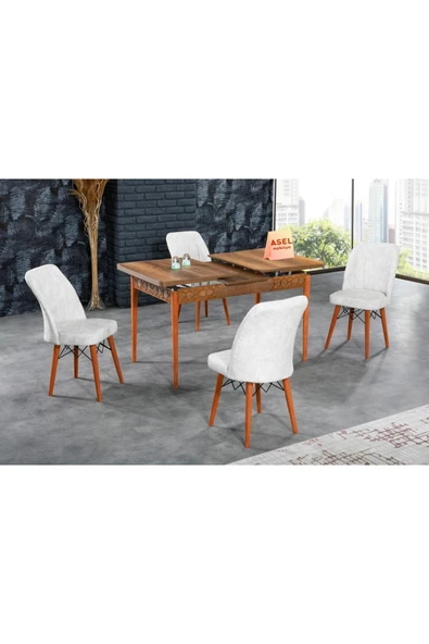 florit mobilya masamıza buyurun Barok Açılır Karegold Yemek Ve Mutfak Masası Takımı 4 Sandalyeli - Krem - Resim 2