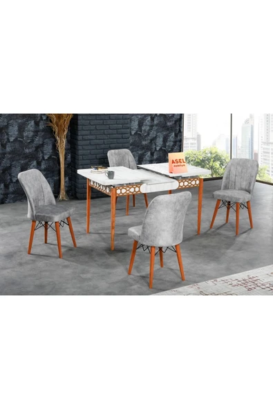 florit mobilya masamıza buyurun Antik Mermer Açılır Karegold Yemek Ve Mutfak Masası Takımı 4 Sandalyeli - Gri - Resim 2