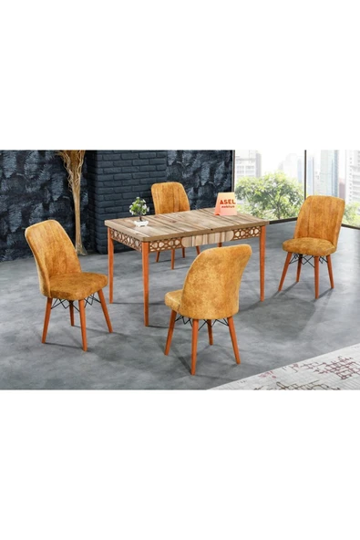 florit mobilya masamıza buyurun Floria Açılır Karegold Yemek Ve Mutfak Masası Takımı 4 Sandalyeli - Hardal ürün görseli