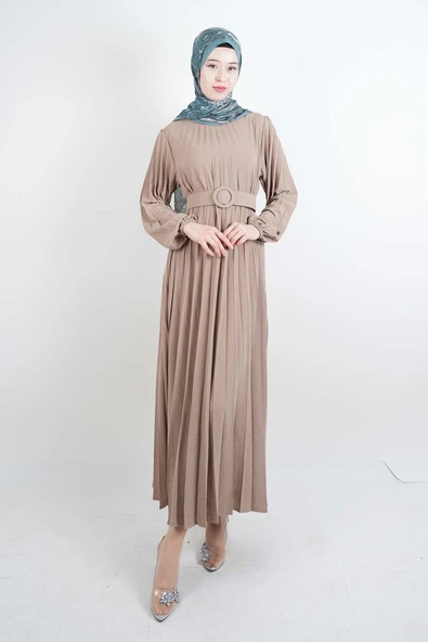 Ayrobin Elbise Kalın Kemerli Piliseli Elbise Bej