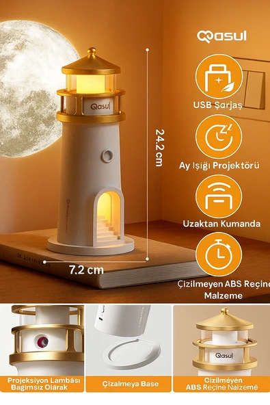 Sevimli Ay Projeksiyonlu Deniz Feneri Lambası Bluetooth Hoparlörlü 3 Kademeli Kısılabilir Kablosuz Masa Lambası - 3