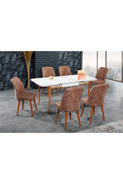 florit mobilya masamıza buyurun Antik Mermer Açılır Karegold Yemek Ve Mutfak Masası Takımı 6 Sandalyeli - Koyu Cappucino ürün görseli