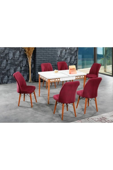 florit mobilya masamıza buyurun Antik Mermer Açılır Karegold Yemek Ve Mutfak Masası Takımı 6 Sandalyeli - Bordo - Resim 2