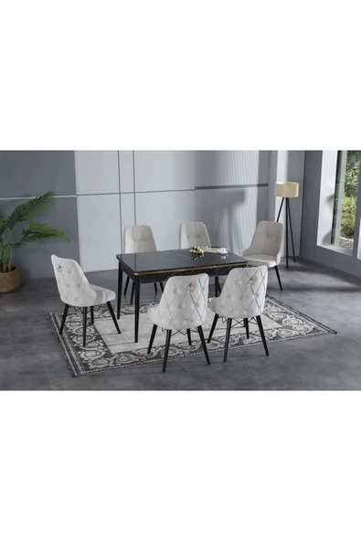 florit mobilya masamıza buyurun Miraç Serisi 80x130 Açılabilir,6 Kişilik Mutfak Masası Takımı, Yemek Masası Takımı, Masa Takımı-krem ürün görseli