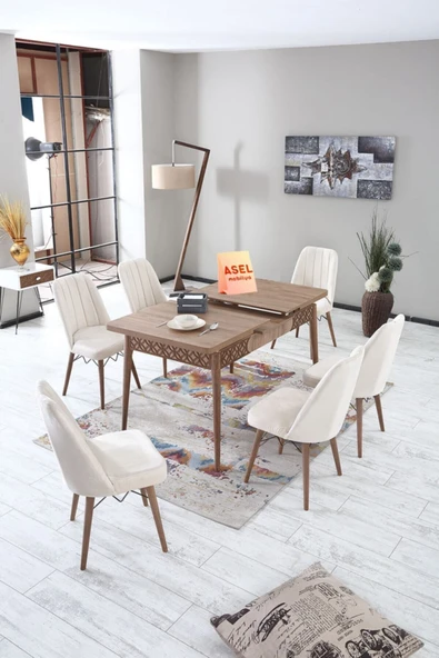 florit mobilya masamıza buyurun Sümela Açılır Karegold Yemek Ve Mutfak Masası Takımı 6 Sandalyeli - Krem - Resim 2