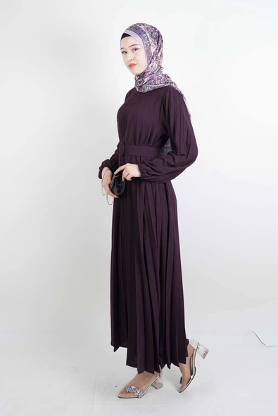 Ayrobin Elbise Kalın Kemerli Piliseli Elbise Mor - 2