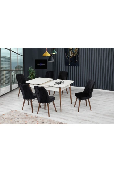 80x130 Açılabilir,6 Kişilik Mutfak Masası Takımı, Yemek Masası Takımı, Masa Takımı-siyah - 2