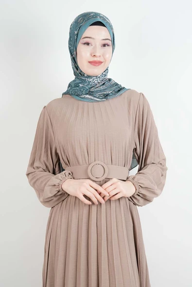 Ayrobin Elbise Kalın Kemerli Piliseli Elbise Bej - 4