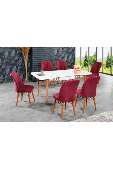 florit mobilya masamıza buyurun Beyaz Mermer Açılır Karegold Yemek Ve Mutfak Masası Takımı 6 Sandalyeli - Bordo ürün görseli