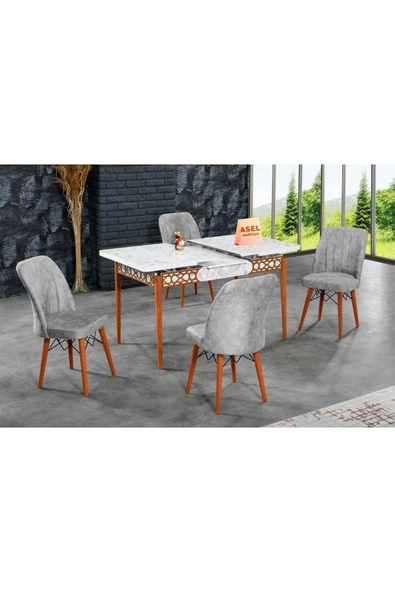 florit mobilya masamıza buyurun Beyaz Mermer Açılır Karegold Yemek Ve Mutfak Masası Takımı 4 Sandalyeli - Gri - Resim 2