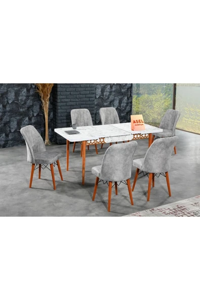 florit mobilya masamıza buyurun Beyaz Mermer Açılır Karegold Yemek ve Mutfak Masası Takımı 6 Sandalyeli Gri ürün görseli