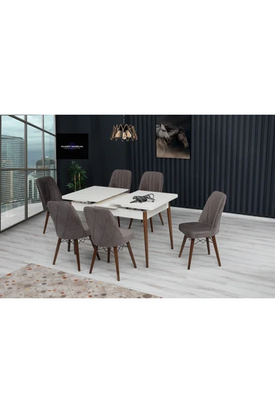 florit mobilya masamıza buyurun Açılabilir Aytaşı Ceviz Mutfak Masa Takımı 6 Sandalye Yemek Masa Takımı Baby Face Kumaş - Resim 2