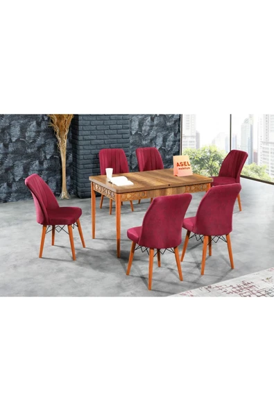 florit mobilya masamıza buyurun Barok Açılır Karegold Yemek Ve Mutfak Masası Takımı 6 Sandalyeli - Bordo - Resim 2