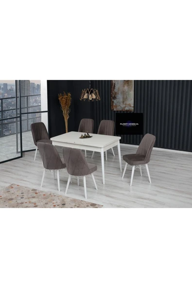 florit mobilya masamıza buyurun Iris Serisi Açılabilir Beyaz Mutfak Masa Takımı 6 Sandalye Yemek Masa Takımı Baby Face Kumaş ürün görseli