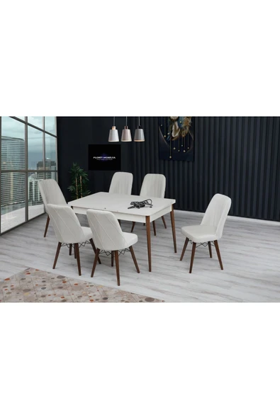 florit mobilya masamıza buyurun 80x130 Açılabilir,6 Kişilik Mutfak Masası Takımı, Yemek Masası Takımı, Masa Takımı- Krem ürün görseli